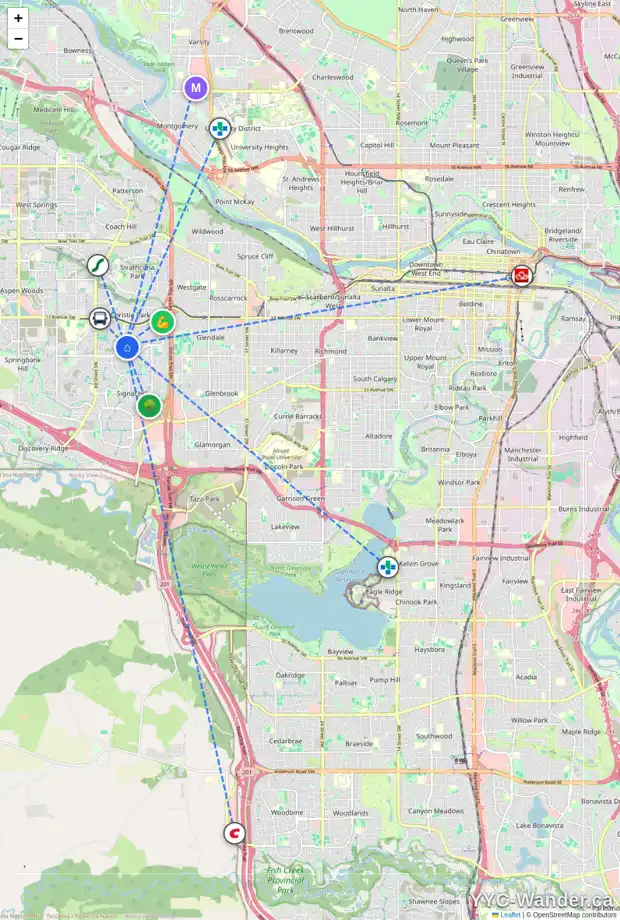 Daily accessibility map for 95 SIGNATURE HT SW, Calgary showing nearby schools, grocery stores, parks, LRT stations and nearby amenities