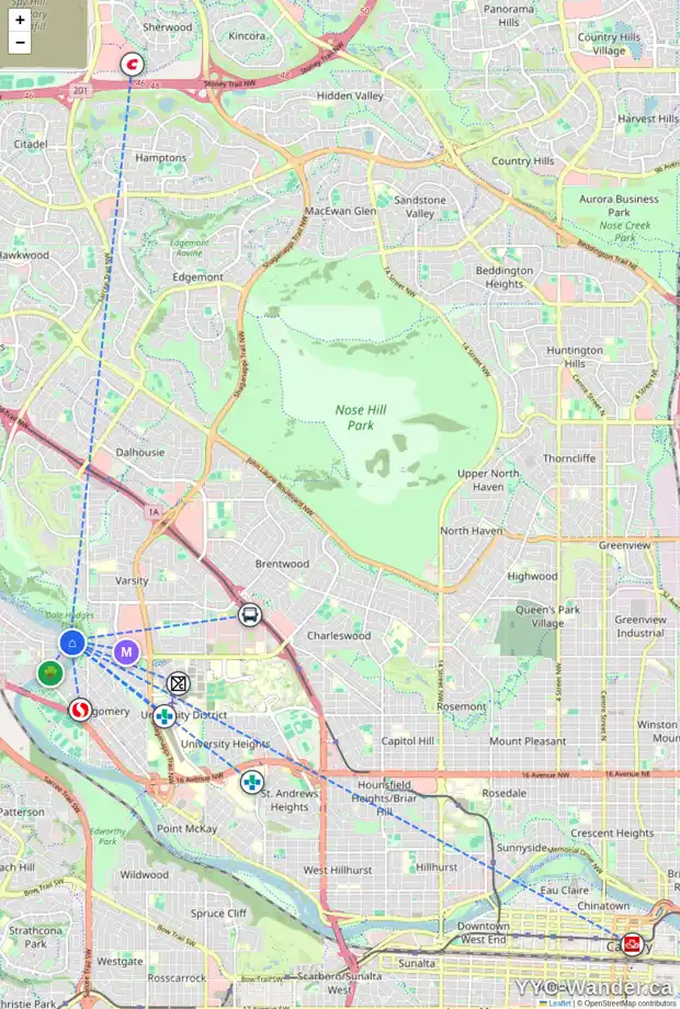 Daily accessibility map for 5948 BOW CR NW, Calgary showing nearby schools, grocery stores, parks, LRT stations and nearby amenities