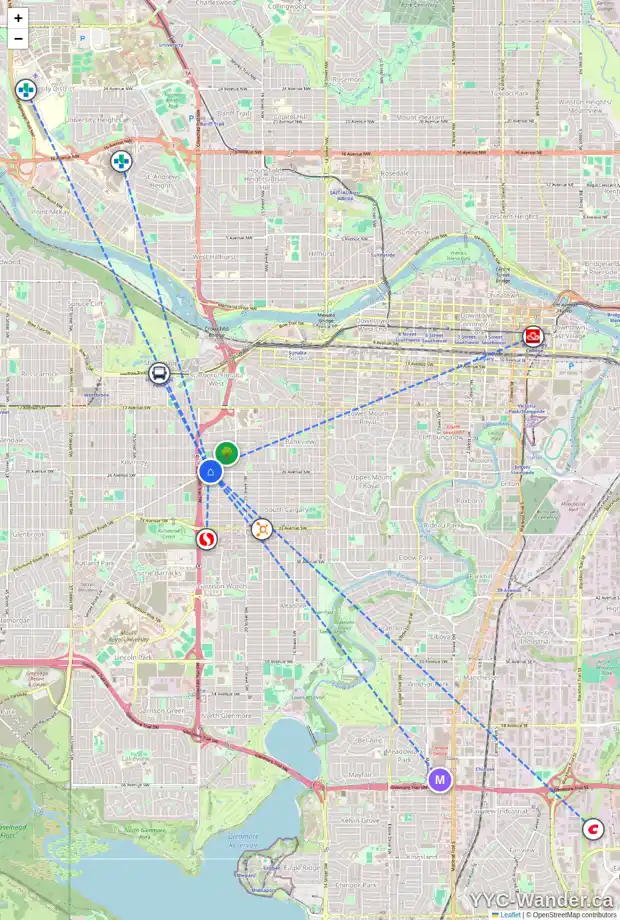 Daily accessibility map for 2421 RICHMOND RD SW, Calgary showing nearby schools, grocery stores, parks, LRT stations and nearby amenities
