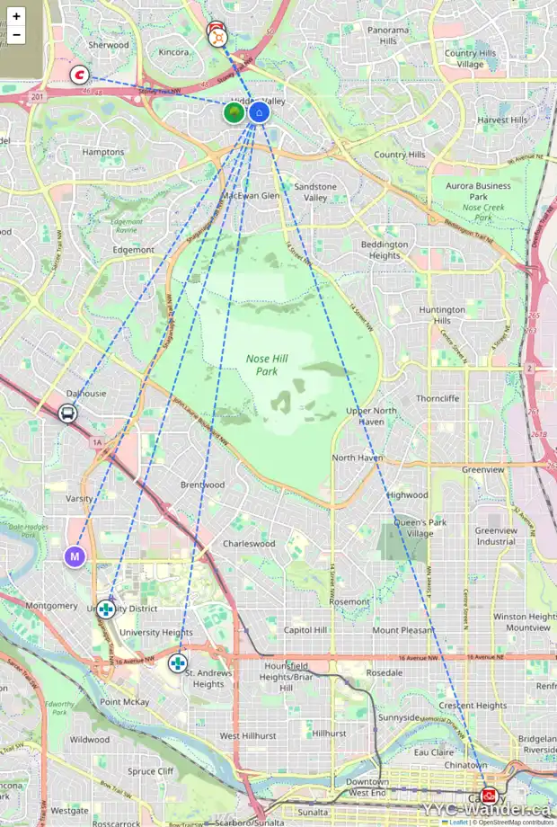Daily accessibility map for 34 HIDDEN RIDGE BA NW, Calgary showing nearby schools, grocery stores, parks, LRT stations and nearby amenities