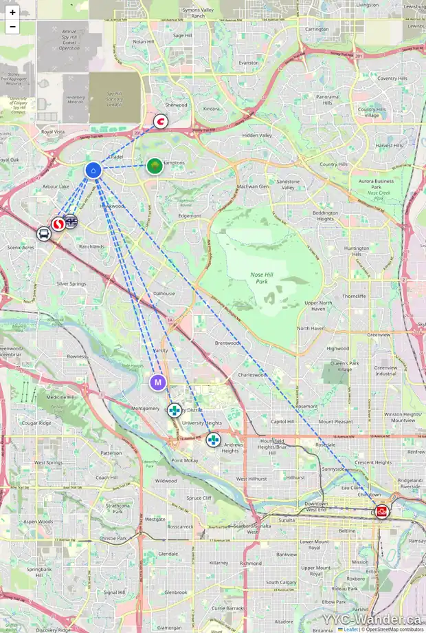 Daily accessibility map for 257 ARBOUR RIDGE PA NW, Calgary showing nearby schools, grocery stores, parks, LRT stations and nearby amenities