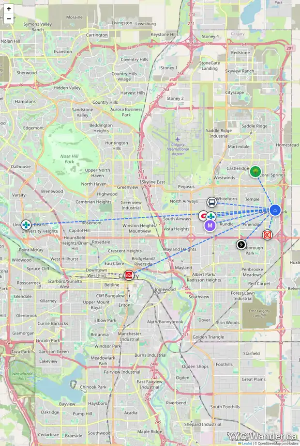 Daily accessibility map for 34 ANAHEIM GR NE, Calgary showing nearby schools, grocery stores, parks, LRT stations and nearby amenities