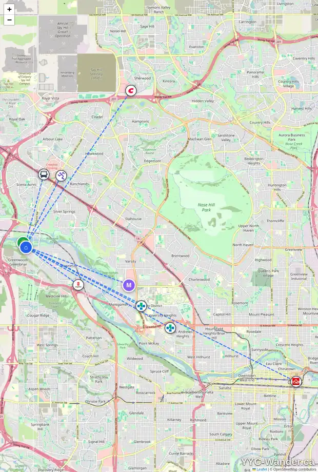 Daily accessibility map for 9008 48 AV NW, Calgary showing nearby schools, grocery stores, parks, LRT stations and nearby amenities