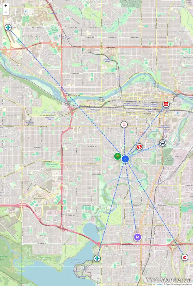 Daily accessibility map for 3212 7 ST SW, Calgary showing nearby schools, grocery stores, parks, LRT stations and nearby amenities