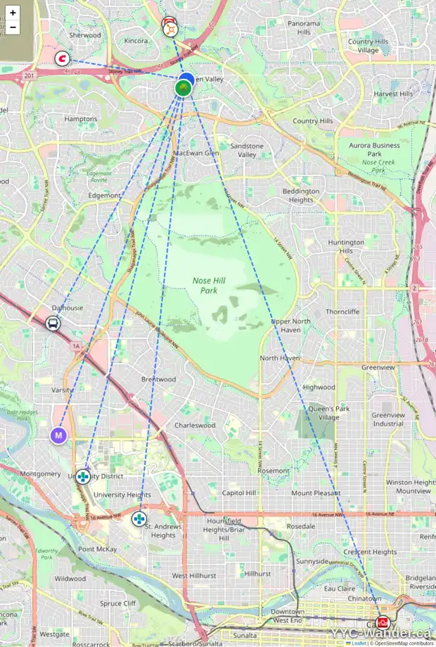 Daily accessibility map for 10986 HIDDEN VALLEY DR NW, Calgary showing nearby schools, grocery stores, parks, LRT stations and nearby amenities