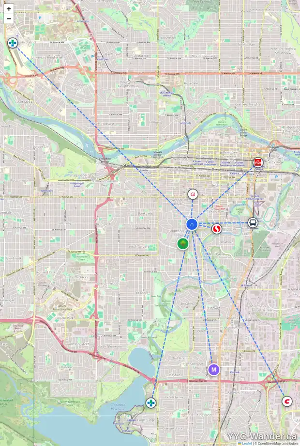 Daily accessibility map for 856 HILLCREST AV SW, Calgary showing nearby schools, grocery stores, parks, LRT stations and nearby amenities