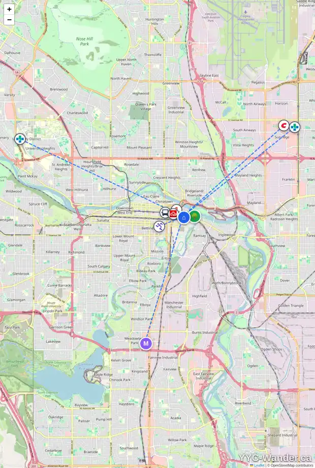 Daily accessibility map for 108 535 8 AV SE, Calgary showing nearby schools, grocery stores, parks, LRT stations and nearby amenities