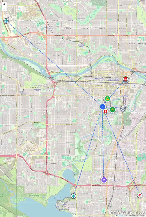 Daily accessibility map for 618 23 AV SW, Calgary showing nearby schools, grocery stores, parks, LRT stations and nearby amenities
