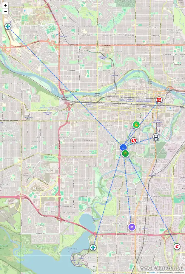 Daily accessibility map for 3010 GLENCOE RD SW, Calgary showing nearby schools, grocery stores, parks, LRT stations and nearby amenities
