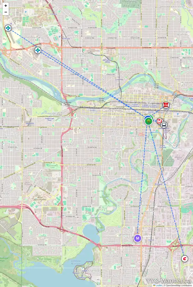 Daily accessibility map for 232 13 AV SW, Calgary showing nearby schools, grocery stores, parks, LRT stations and nearby amenities