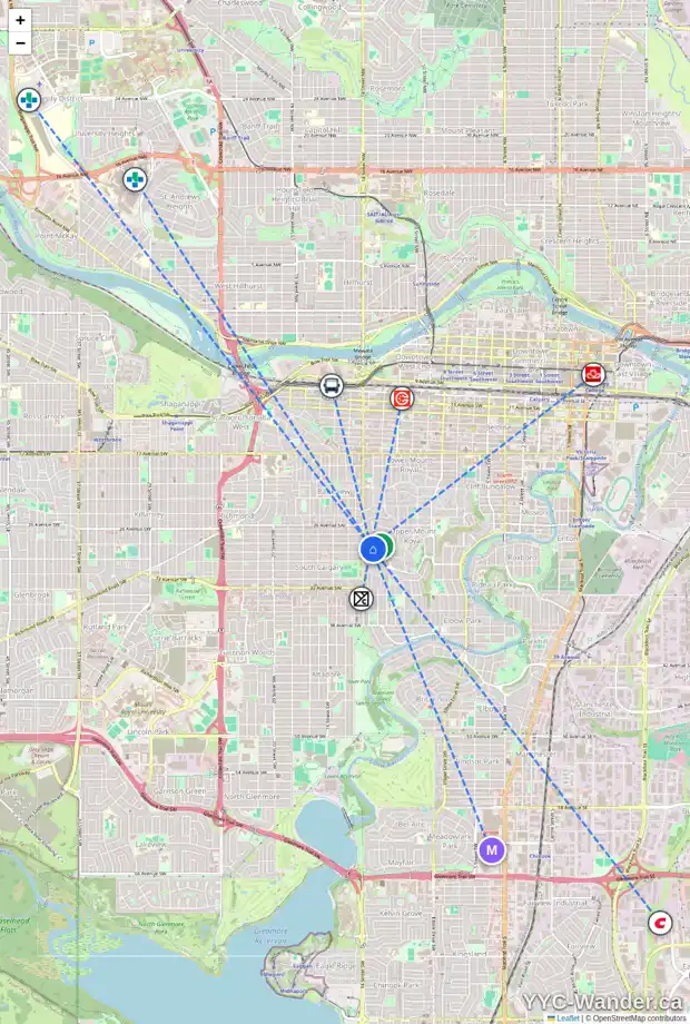 Daily accessibility map for 2925 WOLFE ST SW, Calgary showing nearby schools, grocery stores, parks, LRT stations and nearby amenities