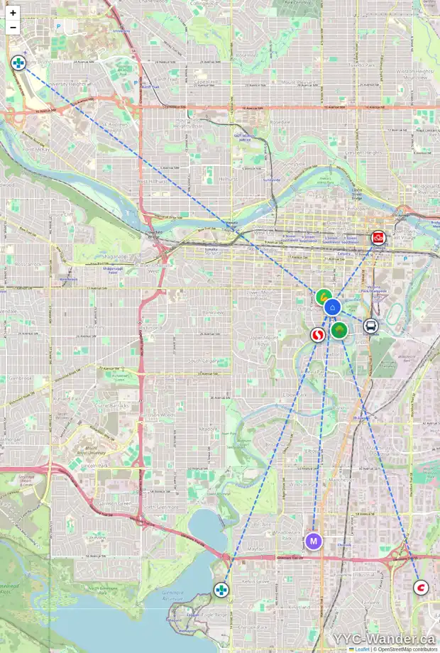 Daily accessibility map for 305 20 AV SW, Calgary showing nearby schools, grocery stores, parks, LRT stations and nearby amenities