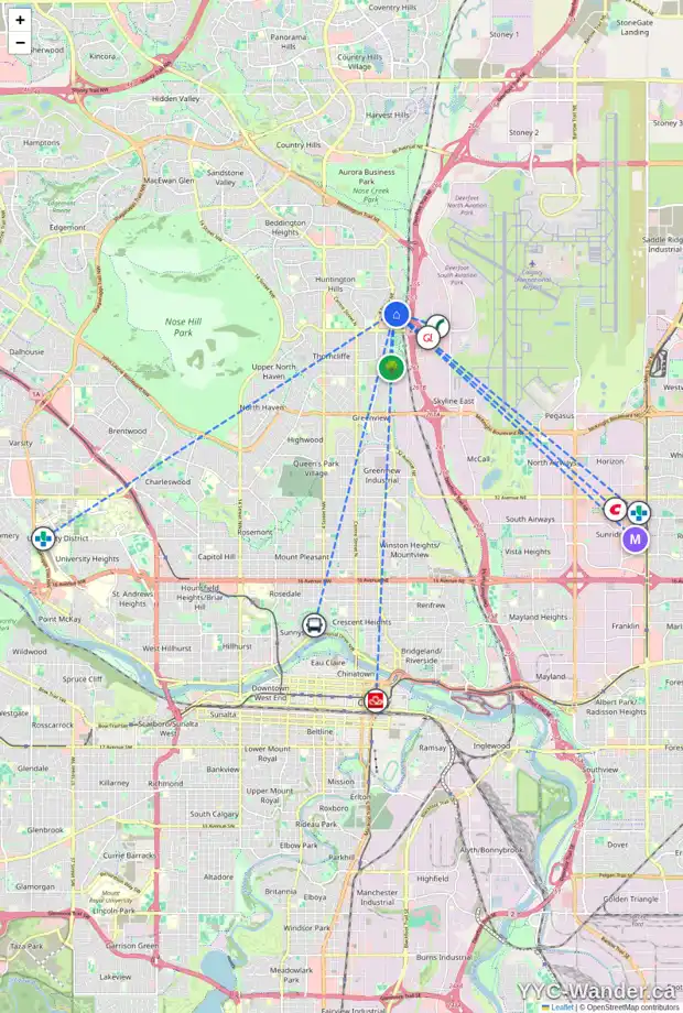 Daily accessibility map for 54 HUNTERHORN RD NE, Calgary showing nearby schools, grocery stores, parks, LRT stations and nearby amenities