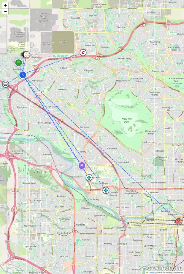Daily accessibility map for 410 ROYAL CREST BA NW, Calgary showing nearby schools, grocery stores, parks, LRT stations and nearby amenities