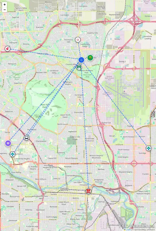 Daily accessibility map for 2052 COUNTRY HILLS CI NW, Calgary showing nearby schools, grocery stores, parks, LRT stations and nearby amenities
