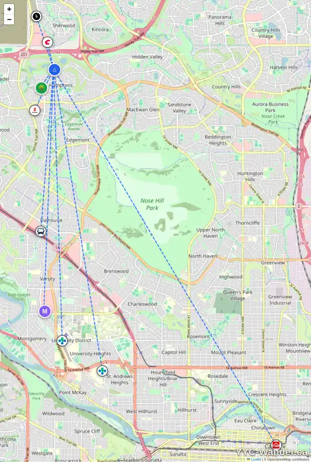 Daily accessibility map for 86 HAMPTONS CL NW, Calgary showing nearby schools, grocery stores, parks, LRT stations and nearby amenities