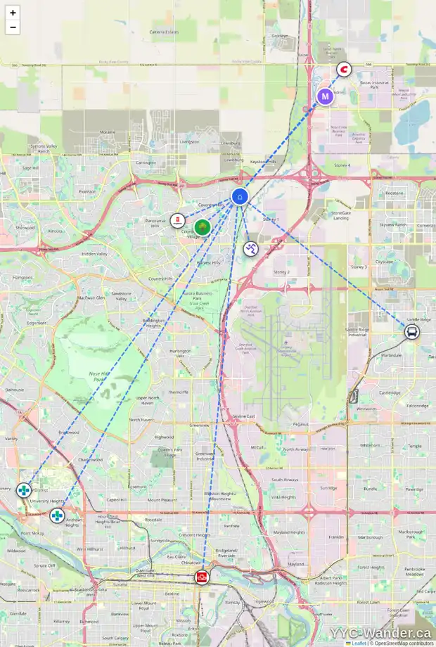 Daily accessibility map for 14 COVILLE SQ NE, Calgary showing nearby schools, grocery stores, parks, LRT stations and nearby amenities