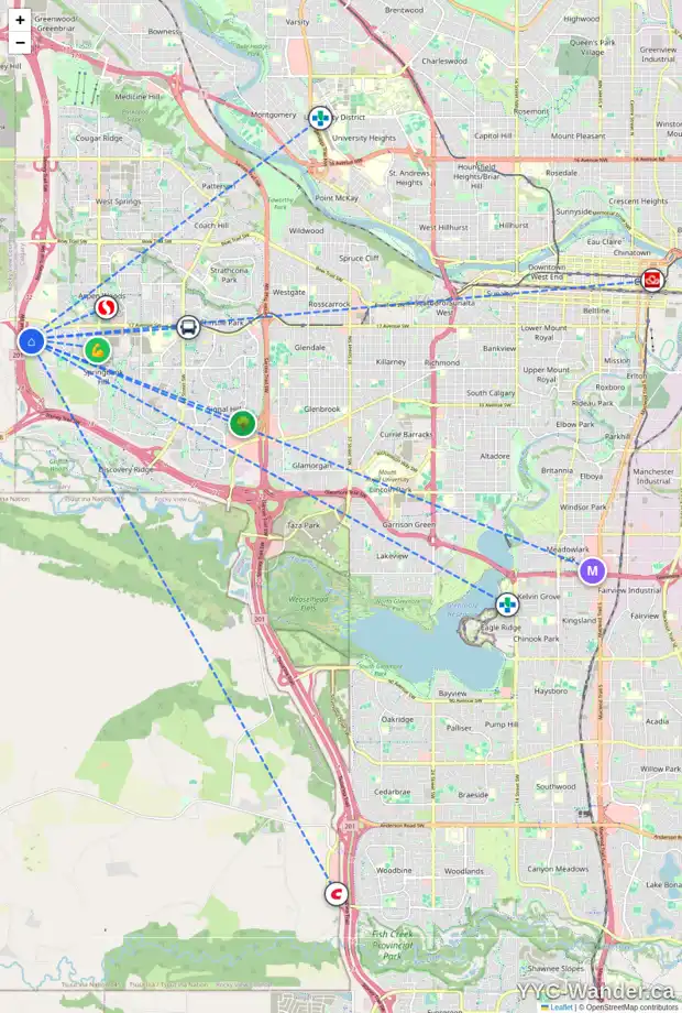 Daily accessibility map for 20 SLOPEVIEW DR SW, Calgary showing nearby schools, grocery stores, parks, LRT stations and nearby amenities