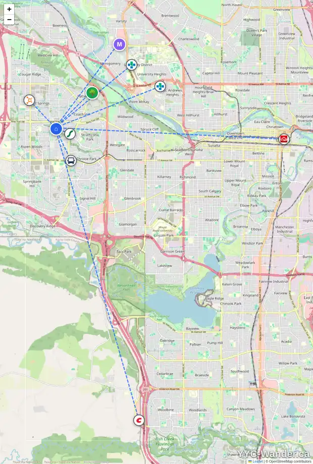 Daily accessibility map for 26 STRATHRIDGE GV SW, Calgary showing nearby schools, grocery stores, parks, LRT stations and nearby amenities