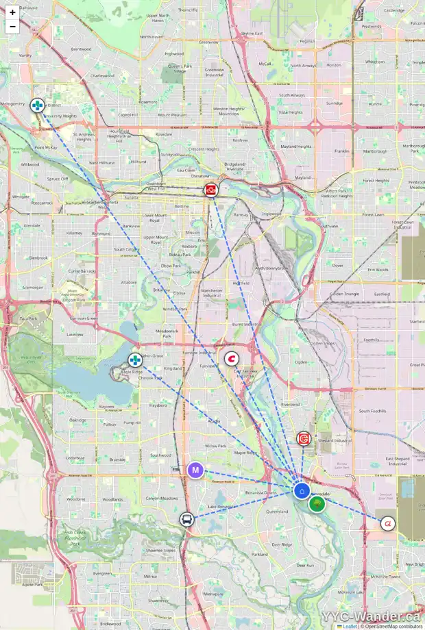 Daily accessibility map for 103 DOUGLASBANK DR SE, Calgary showing nearby schools, grocery stores, parks, LRT stations and nearby amenities