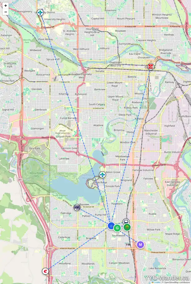 Daily accessibility map for 59 SINCLAIR CR SW, Calgary showing nearby schools, grocery stores, parks, LRT stations and nearby amenities