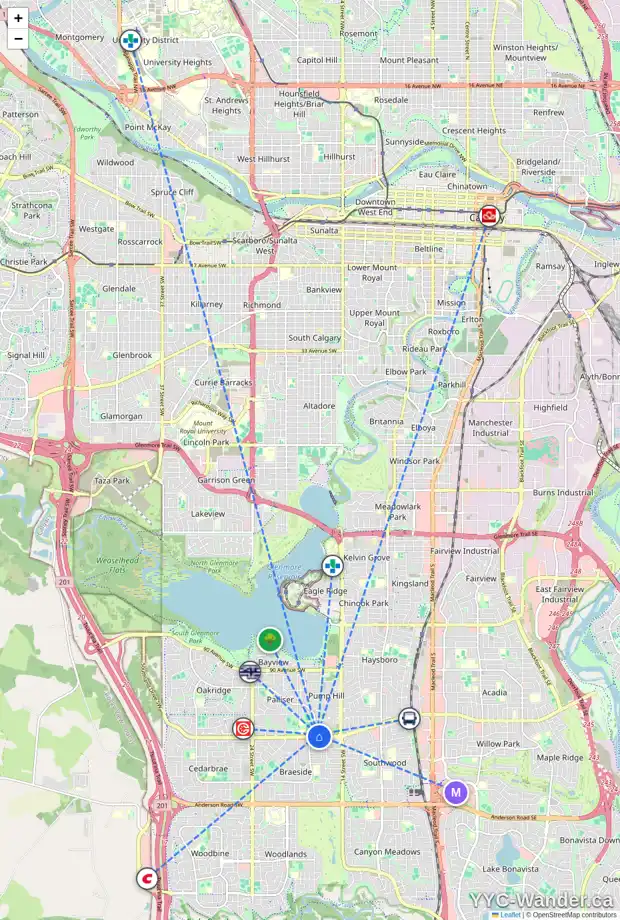 Daily accessibility map for 219 PUMP HILL CR SW, Calgary showing nearby schools, grocery stores, parks, LRT stations and nearby amenities