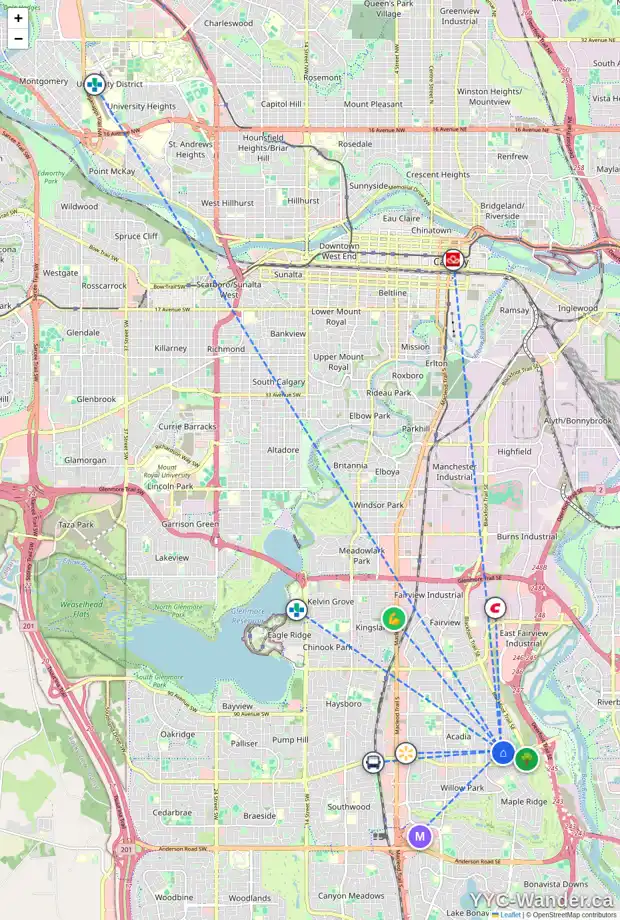 Daily accessibility map for 808 ARCHWOOD RD SE, Calgary showing nearby schools, grocery stores, parks, LRT stations and nearby amenities