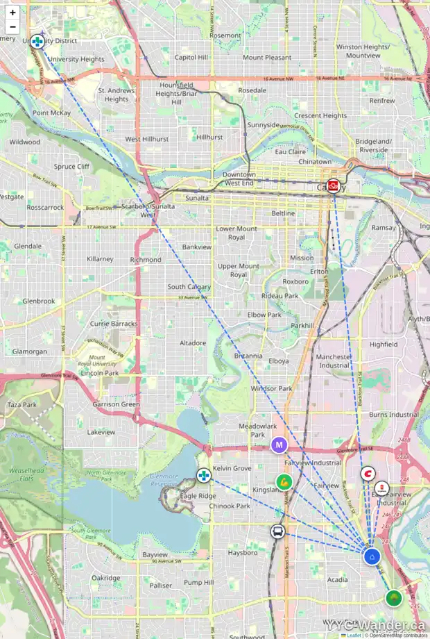 Daily accessibility map for 828 AVONLEA PL SE, Calgary showing nearby schools, grocery stores, parks, LRT stations and nearby amenities