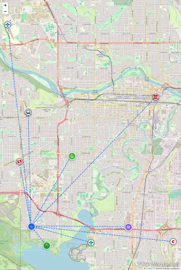 Daily accessibility map for 3520 LAKESIDE CR SW, Calgary showing nearby schools, grocery stores, parks, LRT stations and nearby amenities