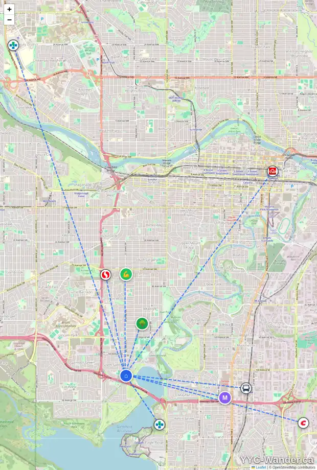 Daily accessibility map for 5927 20 ST SW, Calgary showing nearby schools, grocery stores, parks, LRT stations and nearby amenities