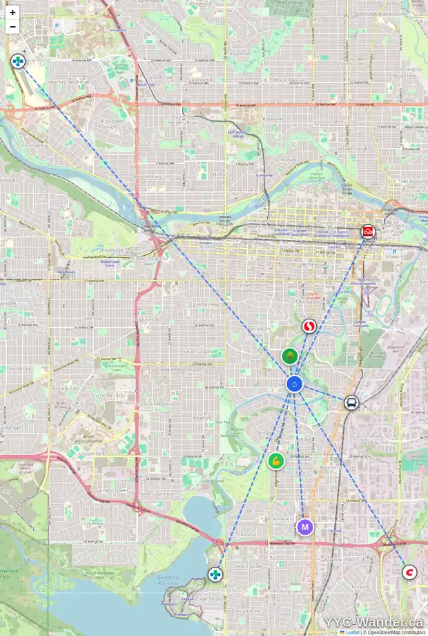Daily accessibility map for 3801 5 ST SW, Calgary showing nearby schools, grocery stores, parks, LRT stations and nearby amenities