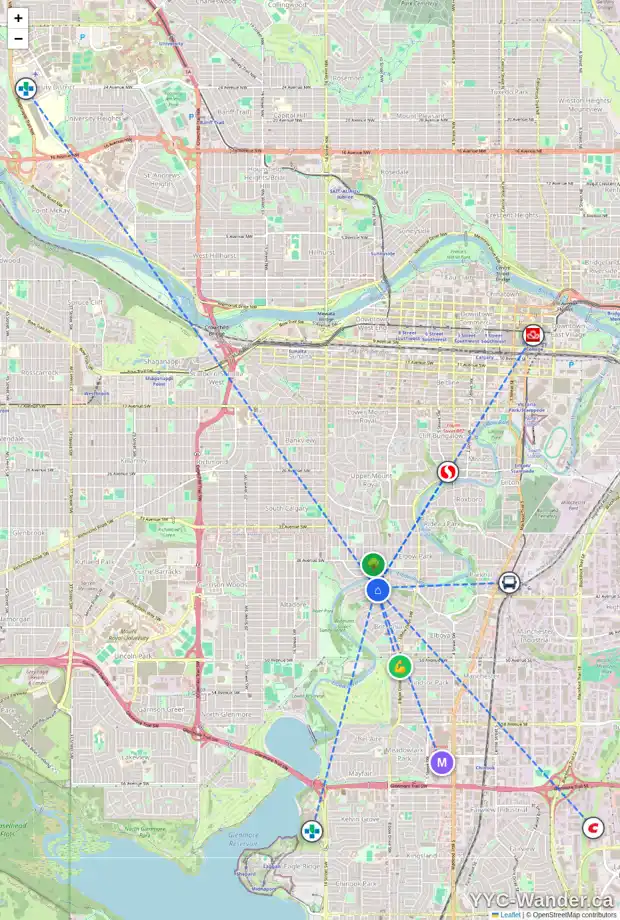 Daily accessibility map for 1116 LANSDOWNE AV SW, Calgary showing nearby schools, grocery stores, parks, LRT stations and nearby amenities