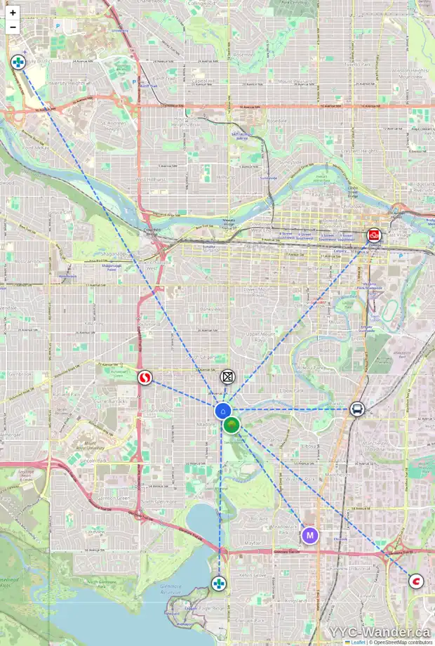 Daily accessibility map for 4111 14A ST SW, Calgary showing nearby schools, grocery stores, parks, LRT stations and nearby amenities