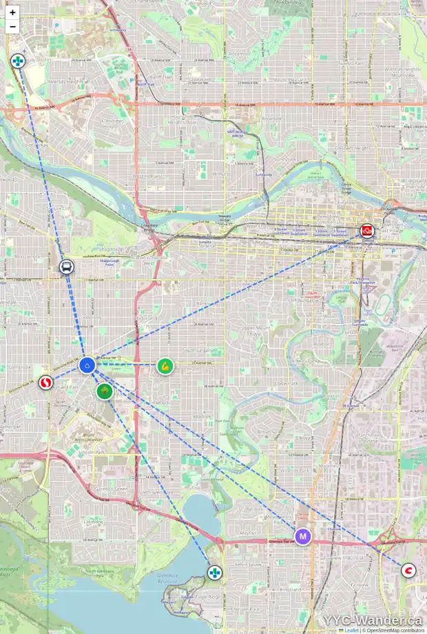 Daily accessibility map for 3027 HAMPTON CR SW, Calgary showing nearby schools, grocery stores, parks, LRT stations and nearby amenities