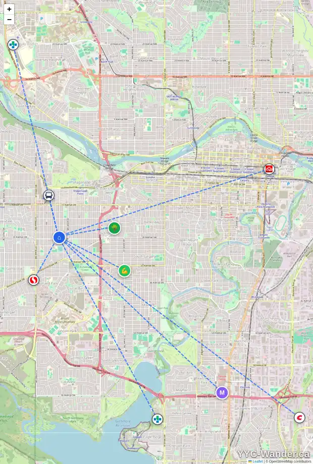 Daily accessibility map for 2627 31 ST SW, Calgary showing nearby schools, grocery stores, parks, LRT stations and nearby amenities