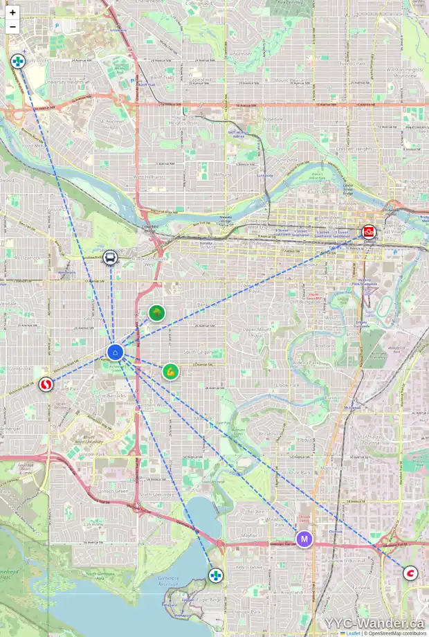 Daily accessibility map for 3211 26 ST SW, Calgary showing nearby schools, grocery stores, parks, LRT stations and nearby amenities