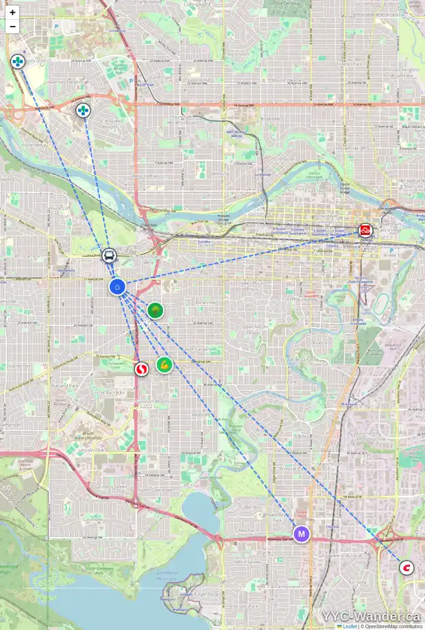 Daily accessibility map for 1 1932 26 ST SW, Calgary showing nearby schools, grocery stores, parks, LRT stations and nearby amenities