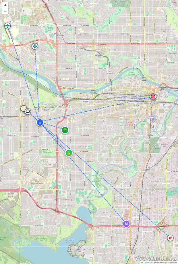 Daily accessibility map for 2010 29 ST SW, Calgary showing nearby schools, grocery stores, parks, LRT stations and nearby amenities