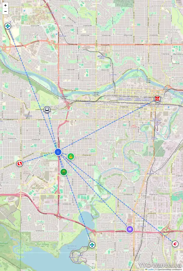 Daily accessibility map for 2512 32 AV SW, Calgary showing nearby schools, grocery stores, parks, LRT stations and nearby amenities
