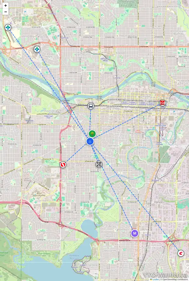 Daily accessibility map for 2520 16B ST SW, Calgary showing nearby schools, grocery stores, parks, LRT stations and nearby amenities