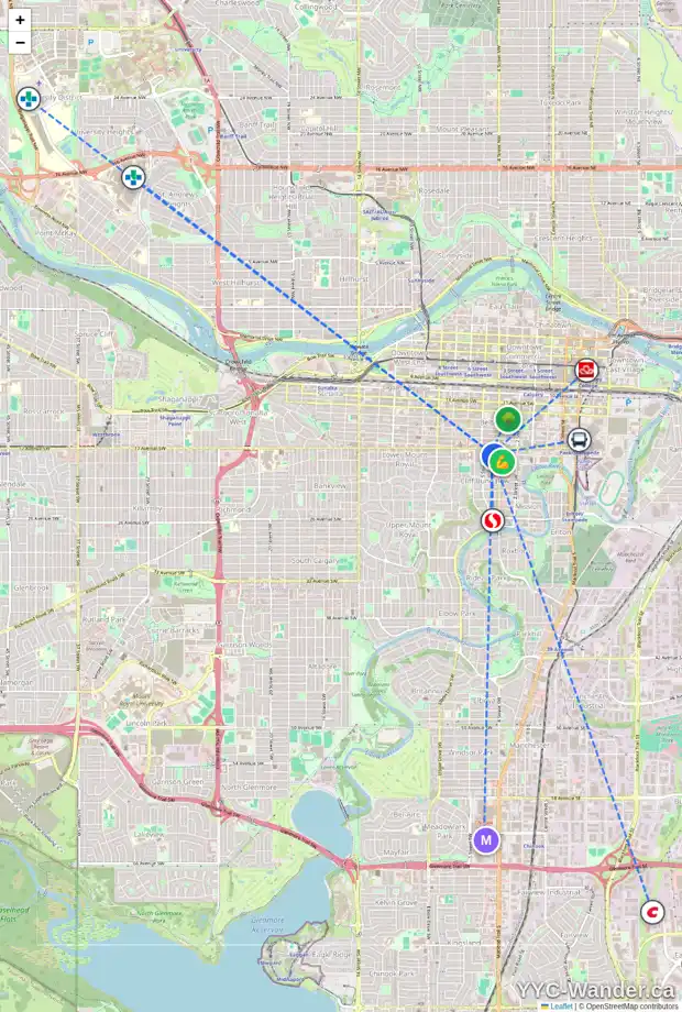 Daily accessibility map for 4 518 18 AV SW, Calgary showing nearby schools, grocery stores, parks, LRT stations and nearby amenities