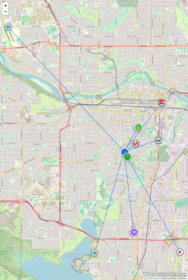 Daily accessibility map for 3026 GLENCOE RD SW, Calgary showing nearby schools, grocery stores, parks, LRT stations and nearby amenities