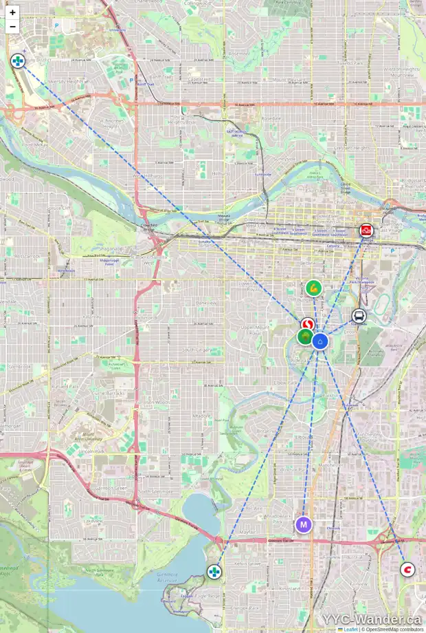Daily accessibility map for 3018 3 ST SW, Calgary showing nearby schools, grocery stores, parks, LRT stations and nearby amenities