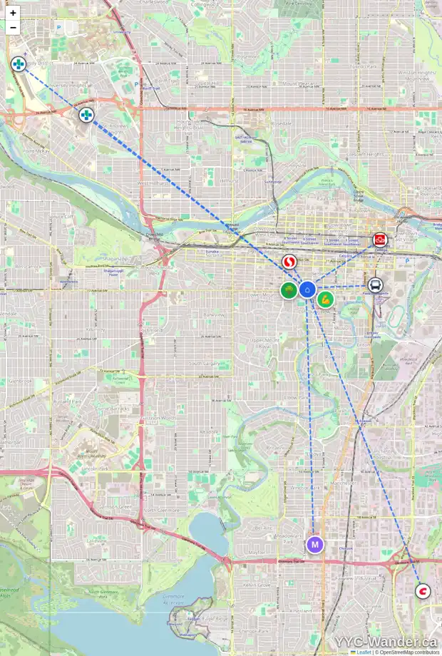 Daily accessibility map for 626 17 AV SW, Calgary showing nearby schools, grocery stores, parks, LRT stations and nearby amenities
