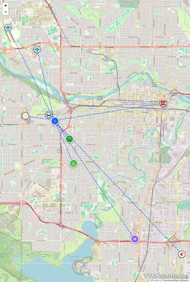 Daily accessibility map for 1702 25A ST SW, Calgary showing nearby schools, grocery stores, parks, LRT stations and nearby amenities
