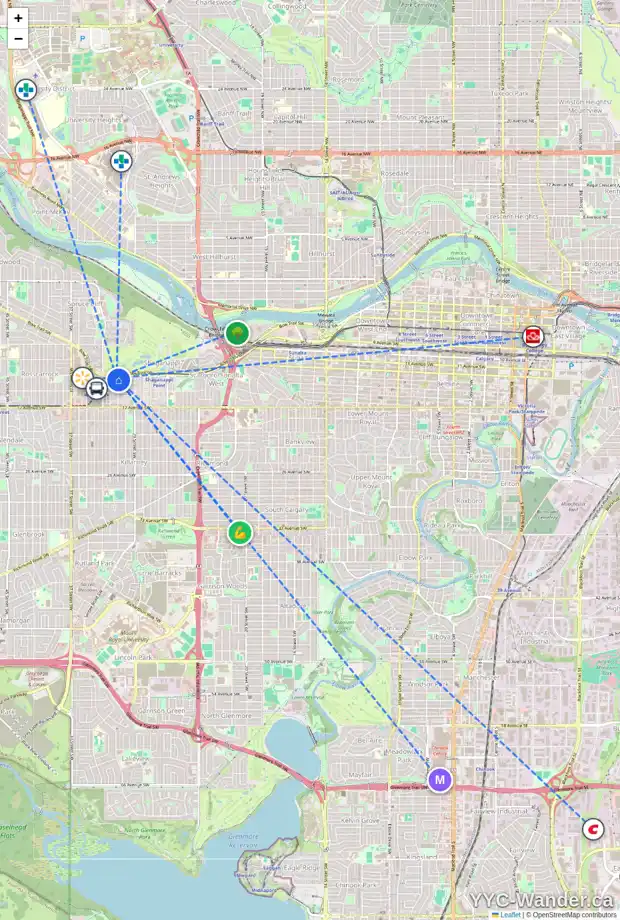 Daily accessibility map for 3203 12 AV SW, Calgary showing nearby schools, grocery stores, parks, LRT stations and nearby amenities