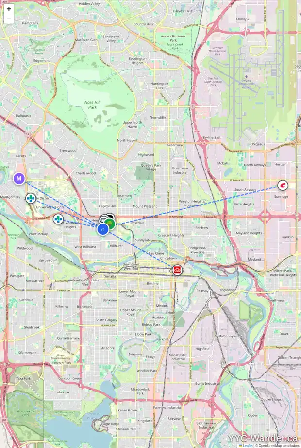 Daily accessibility map for 1216 18A ST NW, Calgary showing nearby schools, grocery stores, parks, LRT stations and nearby amenities