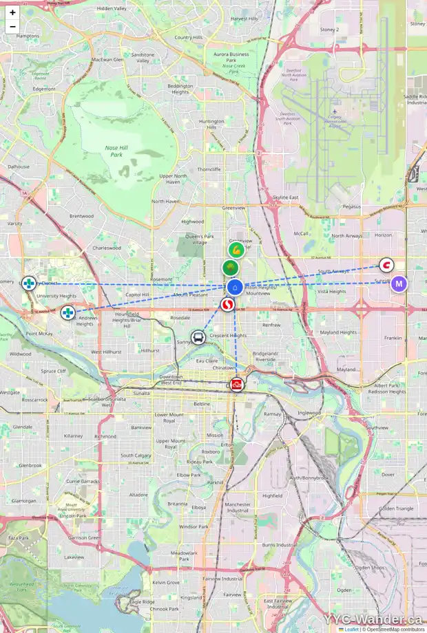 Daily accessibility map for 232 23 AV NE, Calgary showing nearby schools, grocery stores, parks, LRT stations and nearby amenities