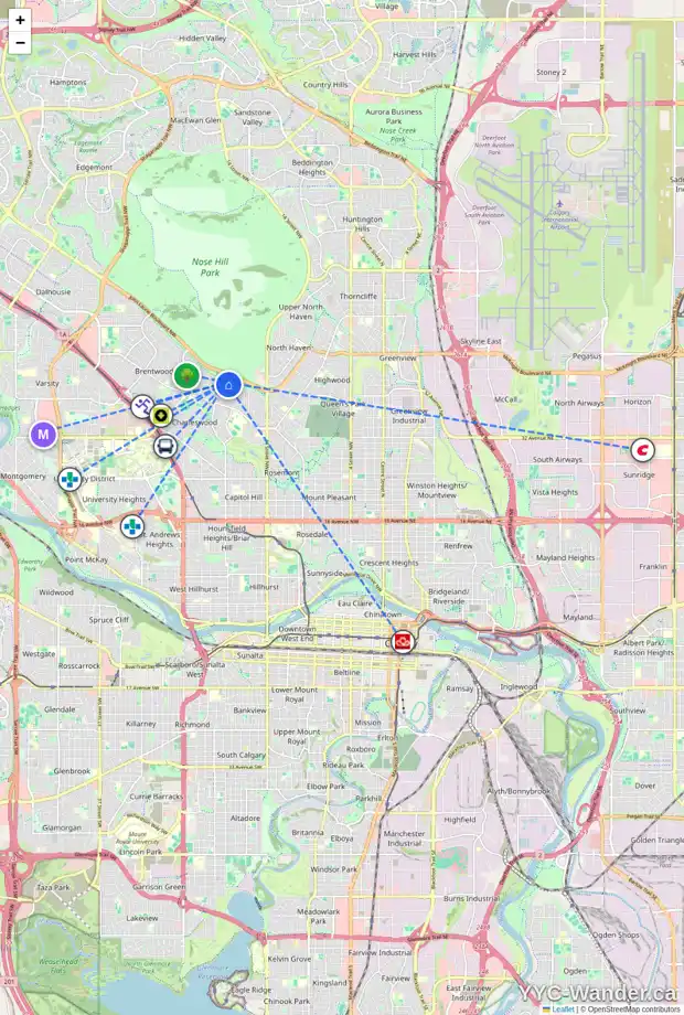 Daily accessibility map for 1864 CAYUGA DR NW, Calgary showing nearby schools, grocery stores, parks, LRT stations and nearby amenities