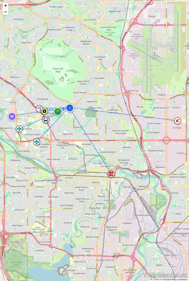 Daily accessibility map for 72 CLARENDON RD NW, Calgary showing nearby schools, grocery stores, parks, LRT stations and nearby amenities